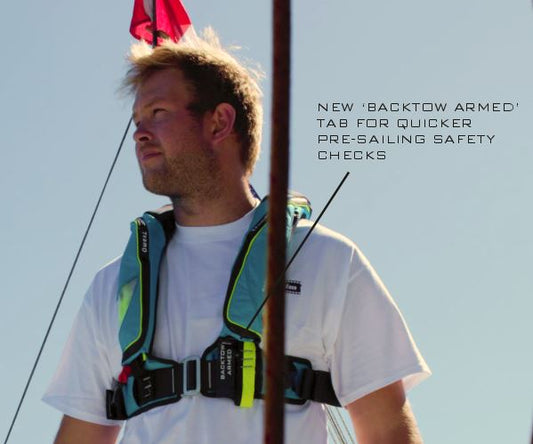 TeamO update - continual improvement. Image shows a man wearing a TeamO Lifejacket, with the BackTow armed tab highlighted
