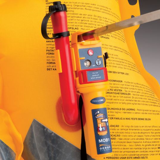 OceanSignal RescueMe MOB1 on a TeamO Marine BackTow Lifejacket.