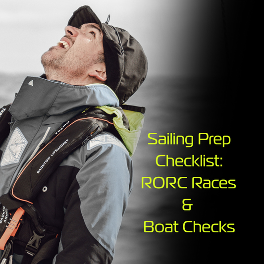 Image shows a sailor looking up at the sail on a boat. He's wearing a hat and a TeamO BackTow lifejacket