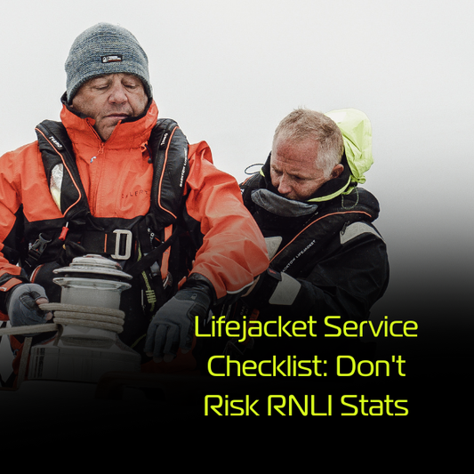 Two men dressed for sailing in foul weather- they're both wearing TeamO BackTow lifejackets. Text overlaid says "2026 Lifejacket Service Checklist: Don't Risk RNLI Stats".