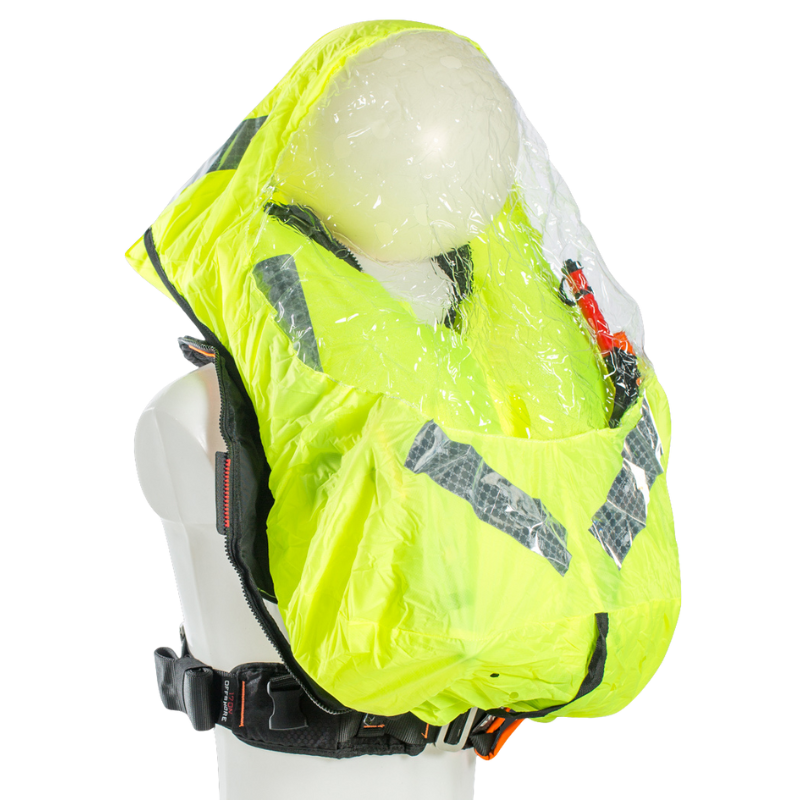 TeamO lifejacket inflated with Sprayhood.