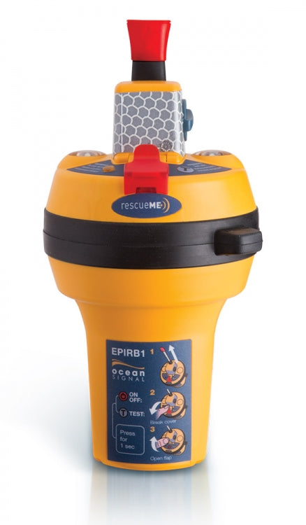 TeamO Marine - A yellow and black Ocean Signal RescueME EPIRB1 device with red accents and branding labels.